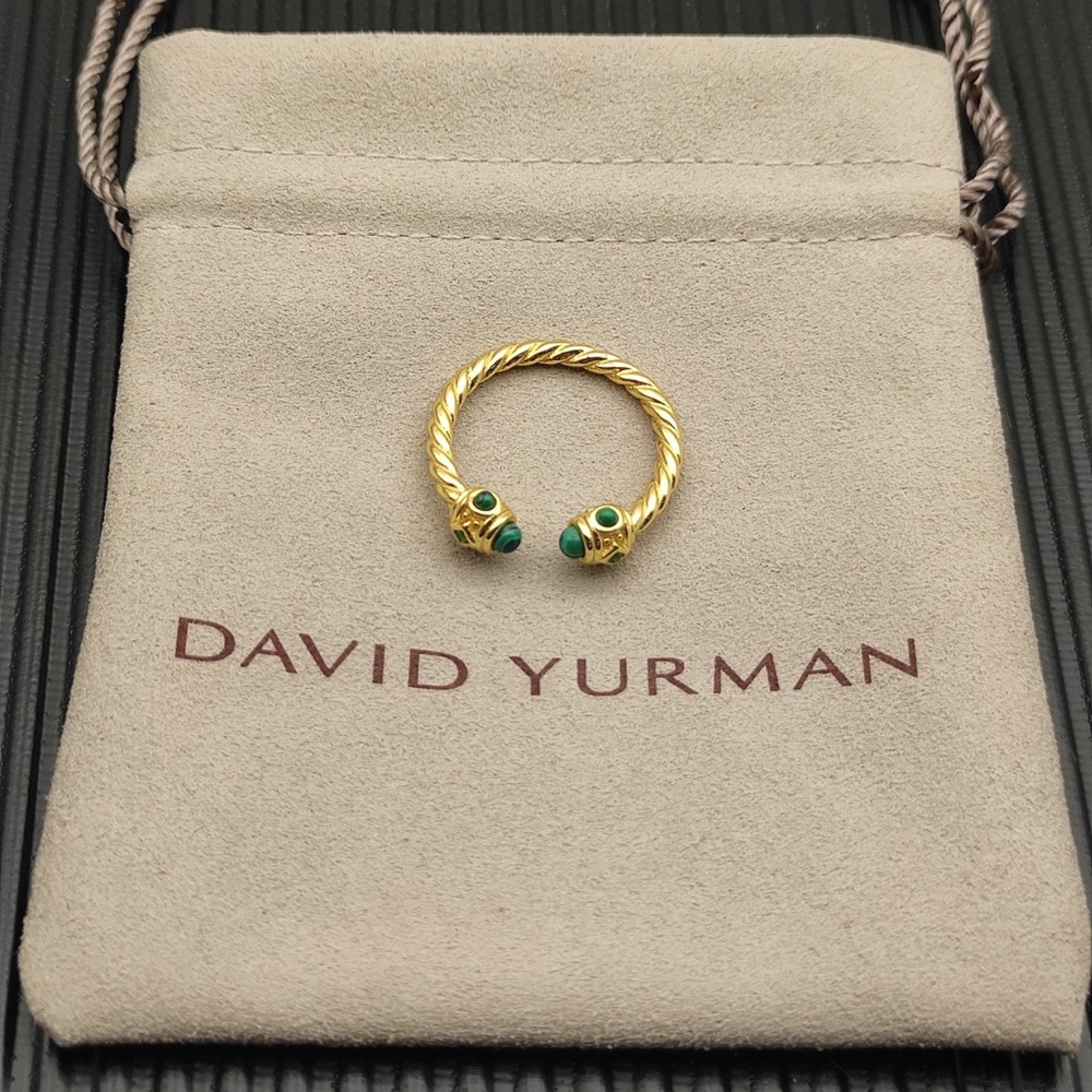 David Yurman Gold Twisted Cable Open Ring with Green Gemstone Terminals